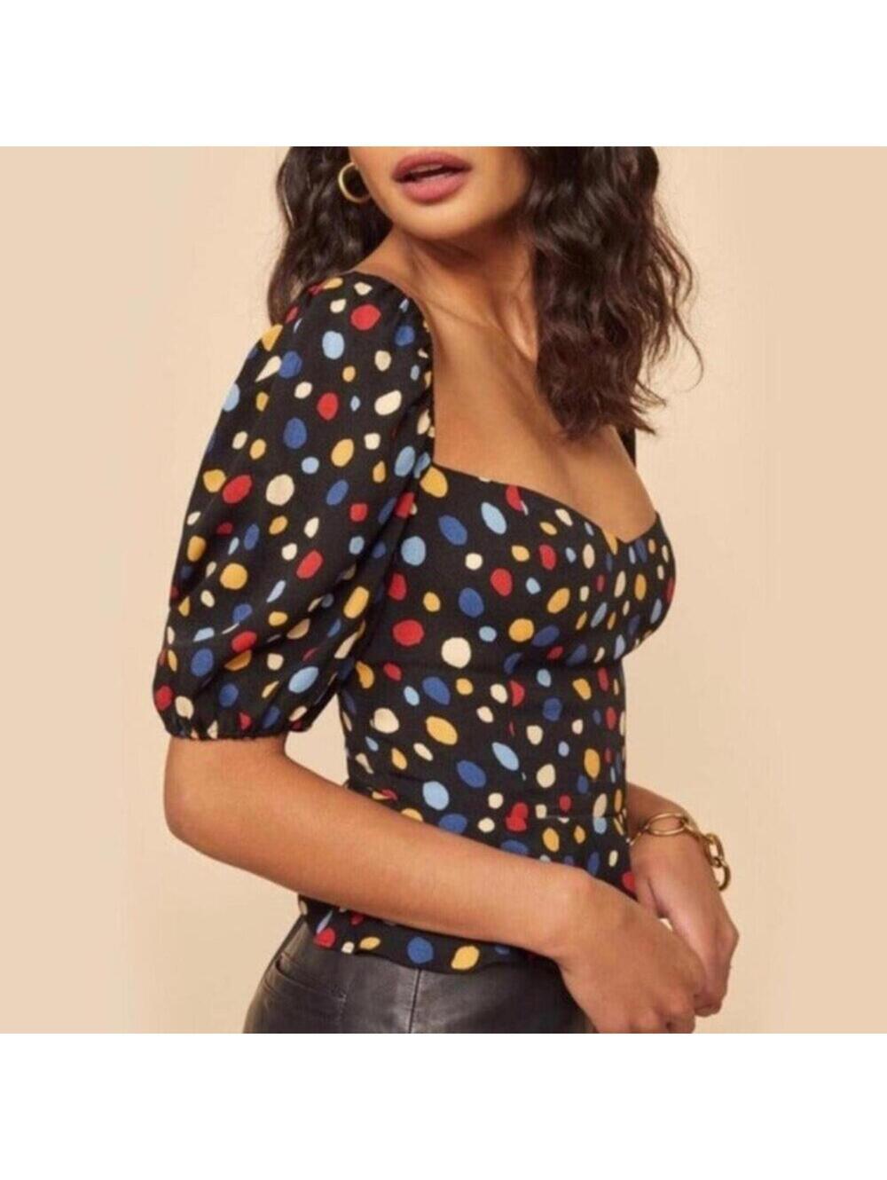 Reformation 10 Peplum Top Polka Dot Sweetheart Neck Short Puff Sleeves NEW $128